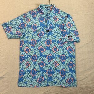 Bad Birdie Polo Shirt Mens Large Blue Floral Multicolors Golf All Over Print AOP